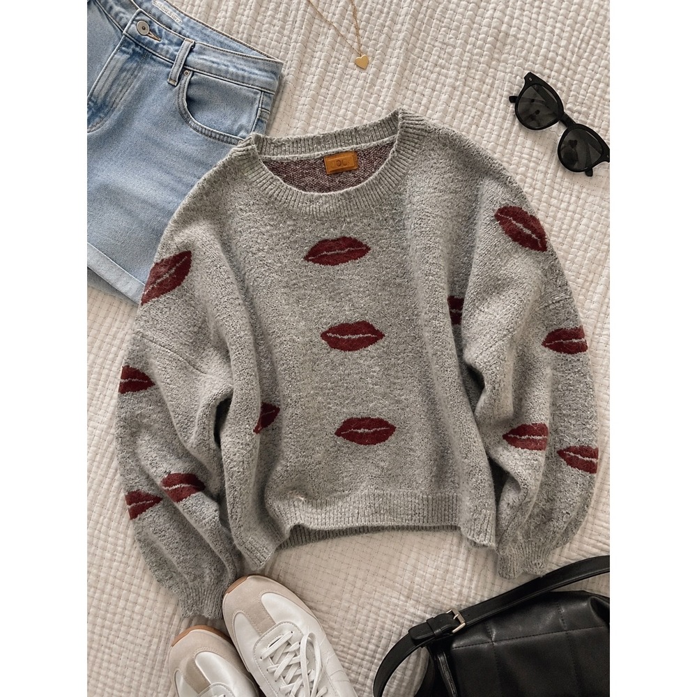 POL Clothing Grey Red Lips Print Knit Sweater Balloon Sleeve MST131 Large